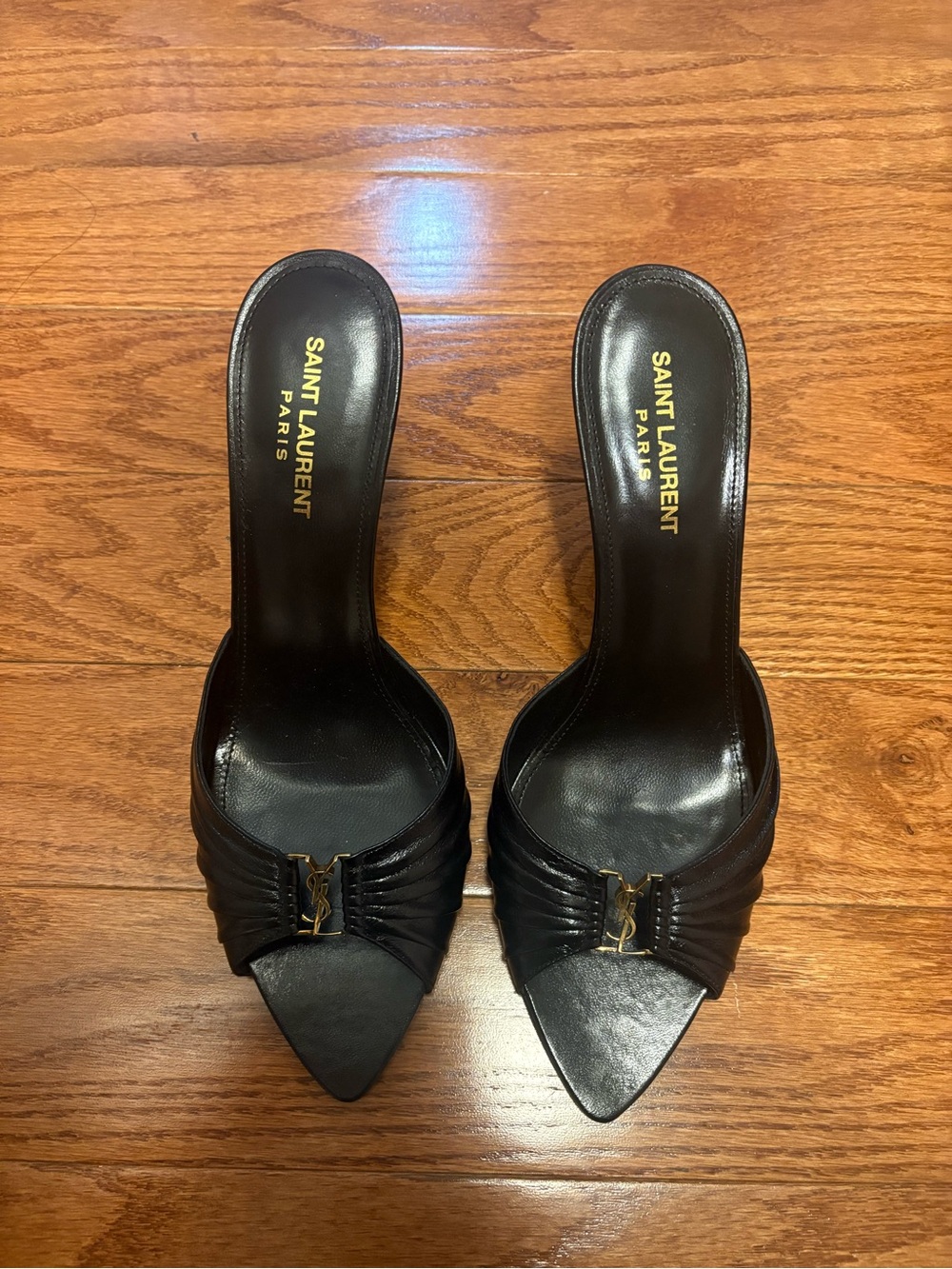 Saint Laurent Black Leather Pointed Slide Mules with Gold YSL Accent